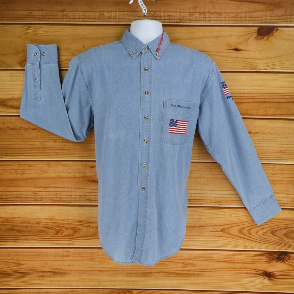 Camp Creek Long Sleeve Button Up Shirt Mens‎ M Blue Patriotic God Bless America